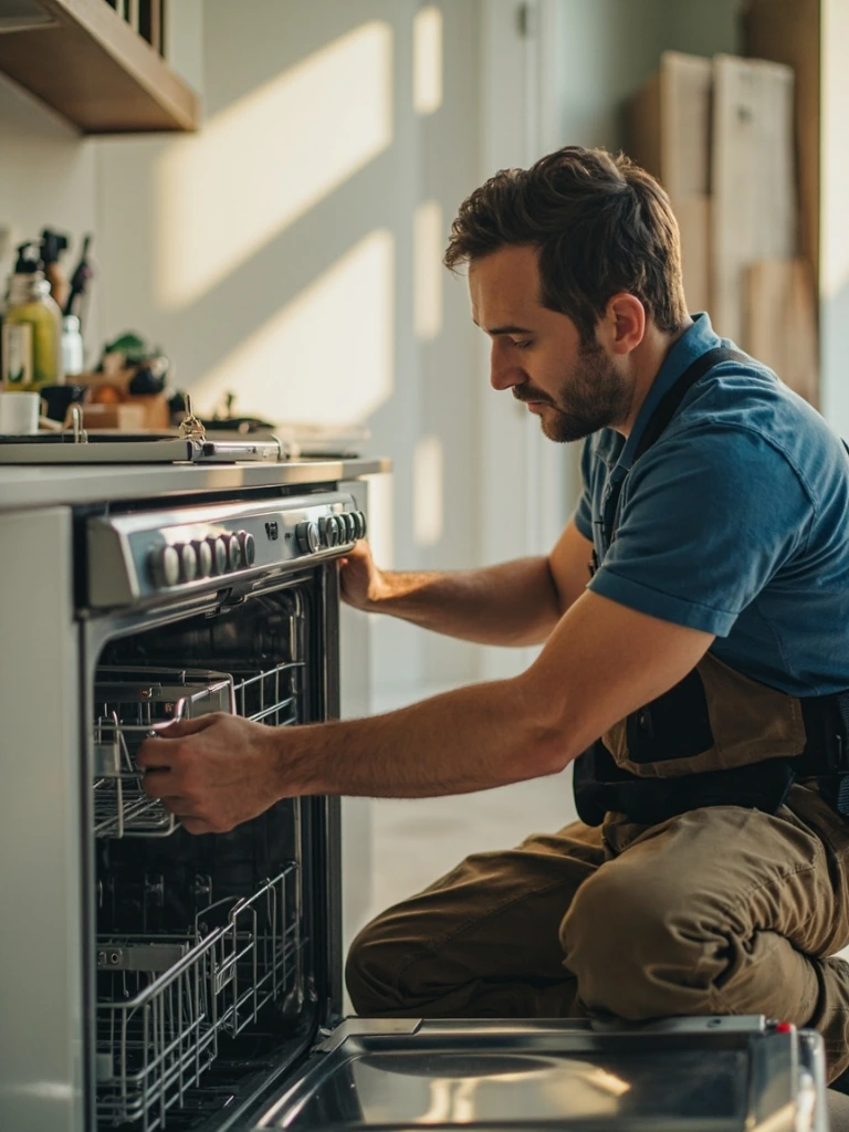Técnico revisando lavavajillas en vivienda de alquiler